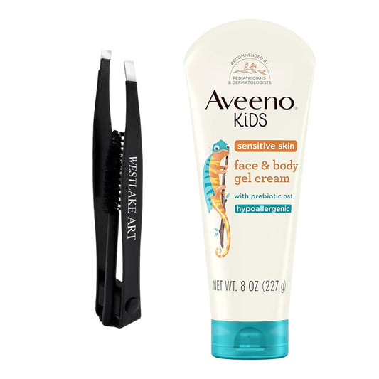 Bundle of Double Sided Eyebrow Eyelash Tweezers -, and Sensitive Skin Face Body Gel Cream for Kids with Prebiotic Oa, Pack of 1, White