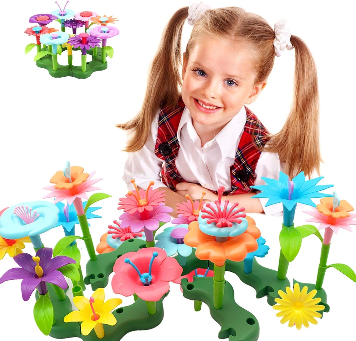 Toys for Girls 3 4 5 Years Old Flower Garden Building Toys Gardening Pretend Playset Education Activity STEM Toys for Preschool Kids Christmas & Birthday Gift 52Pcs