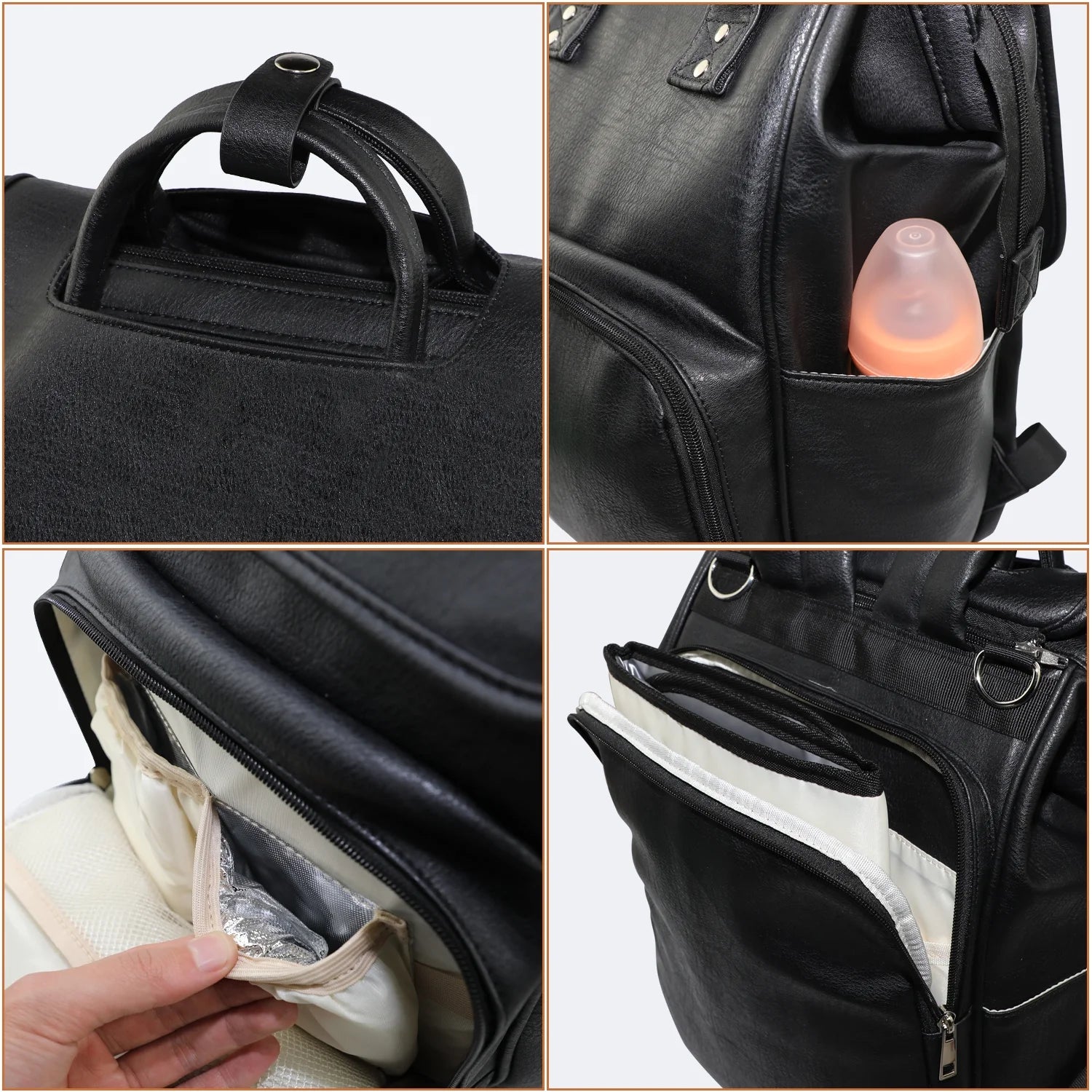 LEQUEEN PU Leather Diaper Bag Women Backpack Purse, Mommy Travel Diaper Bag for Baby with Changing Pad Stroller Hooks (Black)