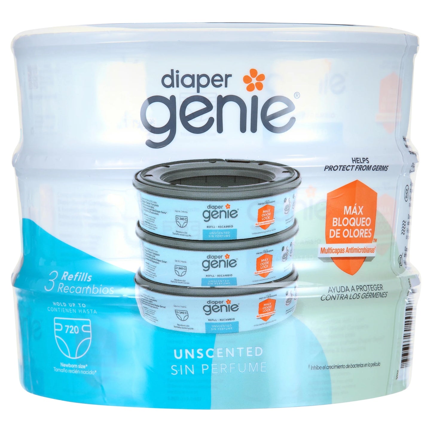 (4 Pack)  round Refills, Unscented, 3 Pack, Holds up to 720 Newborn Diapers, Blue