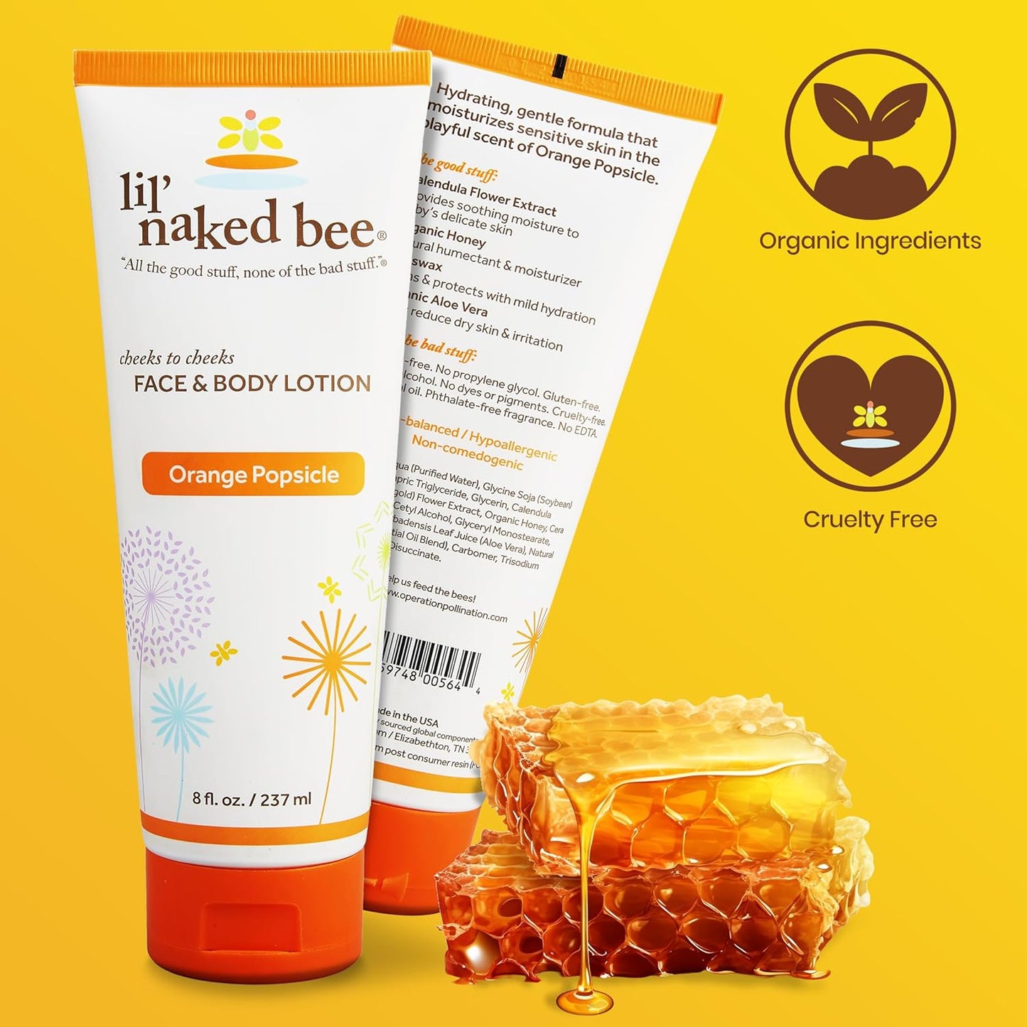 Lil Naked Bee Baby Lotion for Kids (8 Oz) Orange Popsicle Cheeks to Cheeks Face & Body Lotion for Hydrating & Moisturizing for Skin