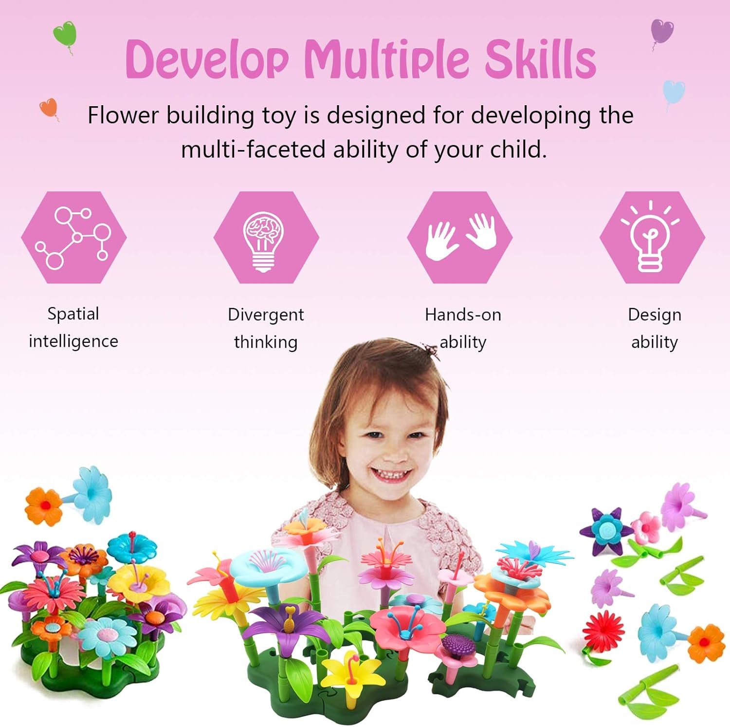 Toys for Girls 3 4 5 Years Old Flower Garden Building Toys Gardening Pretend Playset Education Activity STEM Toys for Preschool Kids Christmas & Birthday Gift 52Pcs