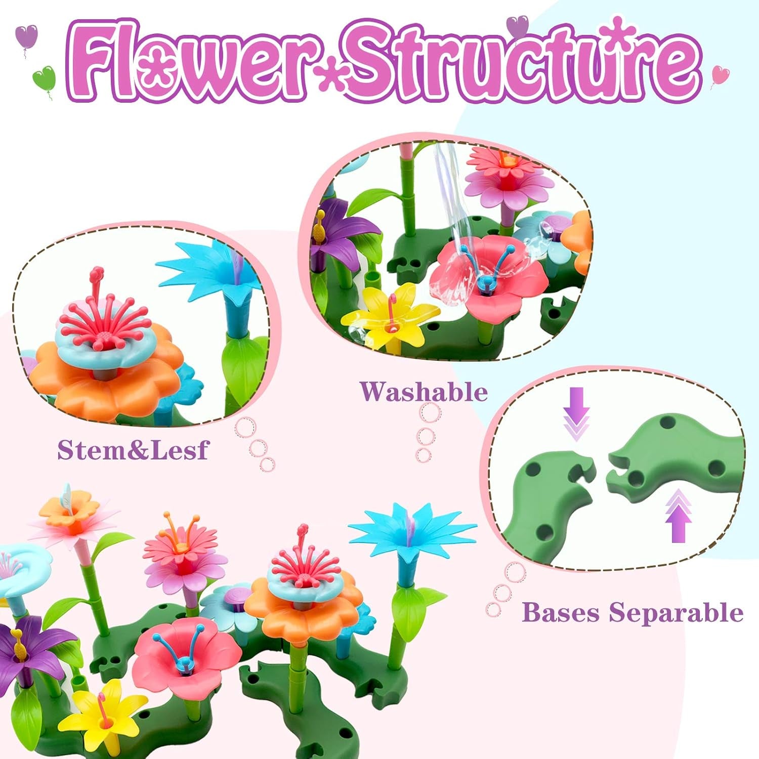 Toys for Girls 3 4 5 Years Old Flower Garden Building Toys Gardening Pretend Playset Education Activity STEM Toys for Preschool Kids Christmas & Birthday Gift 52Pcs
