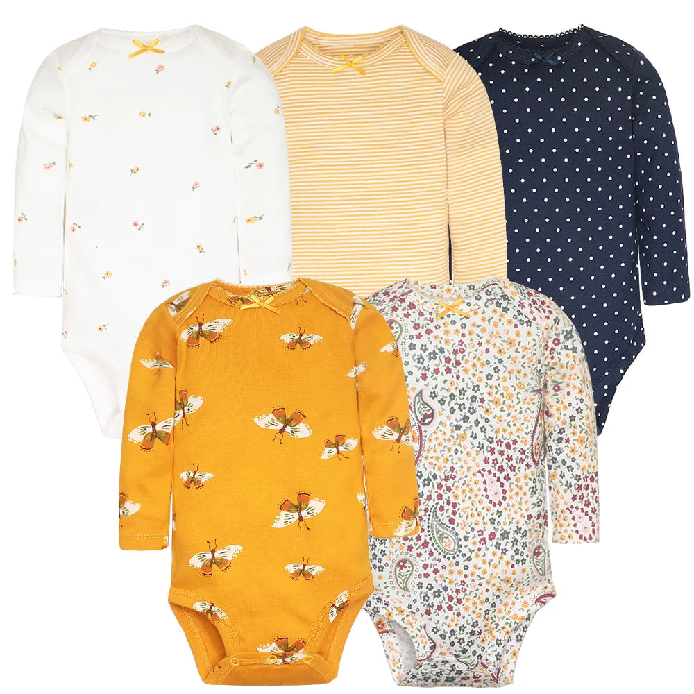 3-5 Pack Soft Cotton Long Sleeve Bodysuits Set