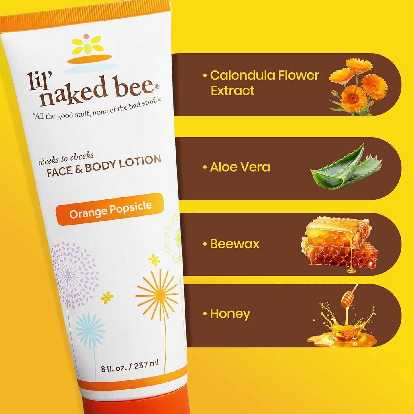Lil Naked Bee Baby Lotion for Kids (8 Oz) Orange Popsicle Cheeks to Cheeks Face & Body Lotion for Hydrating & Moisturizing for Skin
