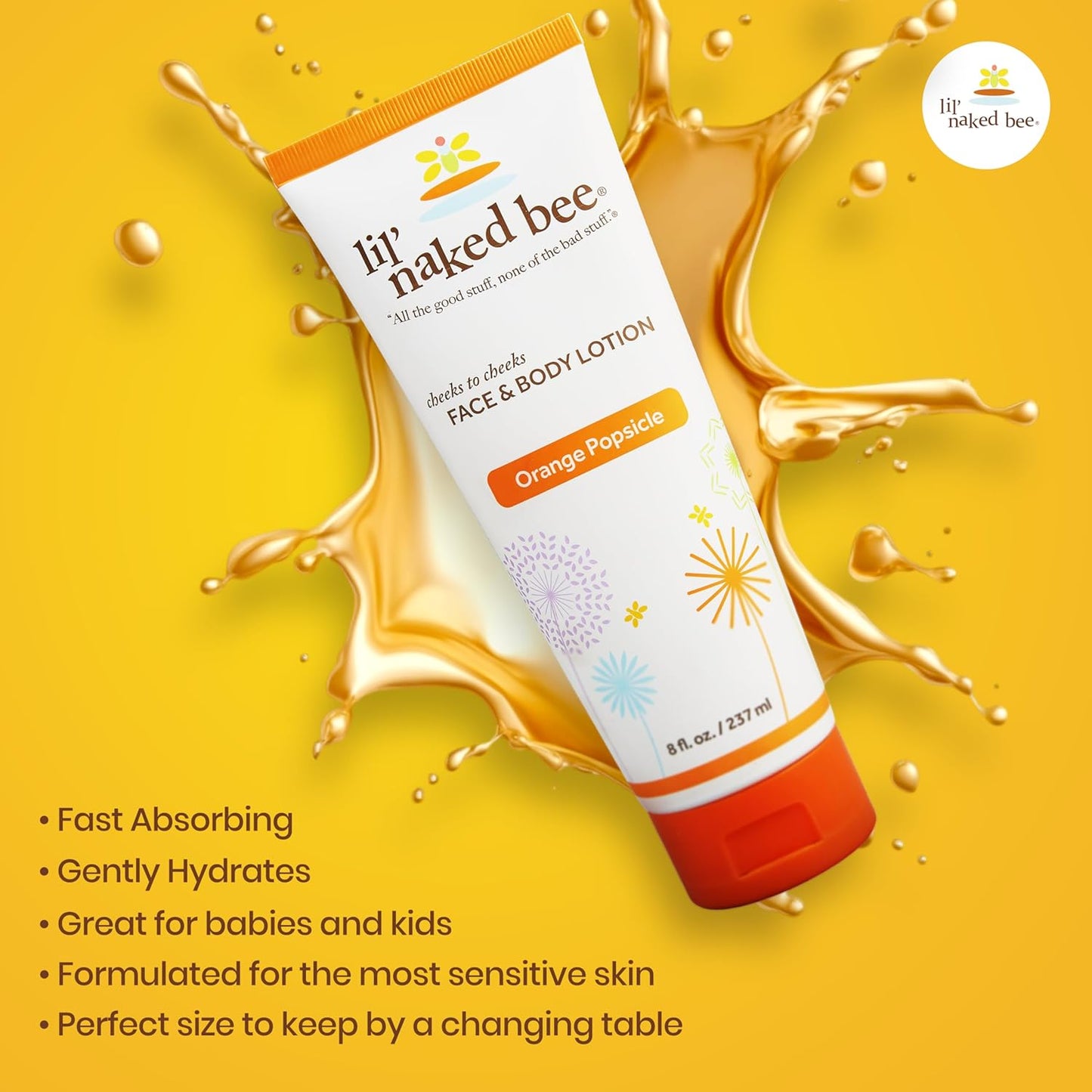 Lil Naked Bee Baby Lotion for Kids (8 Oz) Orange Popsicle Cheeks to Cheeks Face & Body Lotion for Hydrating & Moisturizing for Skin