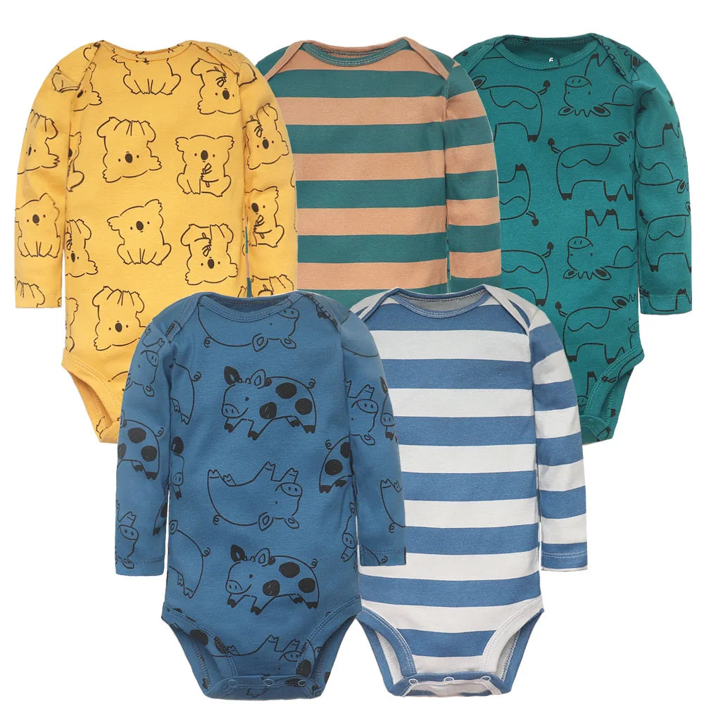 3-5 Pack Soft Cotton Long Sleeve Bodysuits Set
