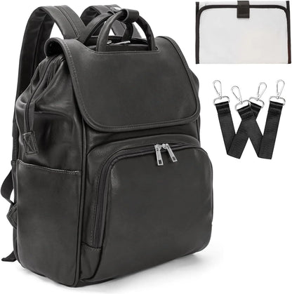 LEQUEEN PU Leather Diaper Bag Women Backpack Purse, Mommy Travel Diaper Bag for Baby with Changing Pad Stroller Hooks (Black)