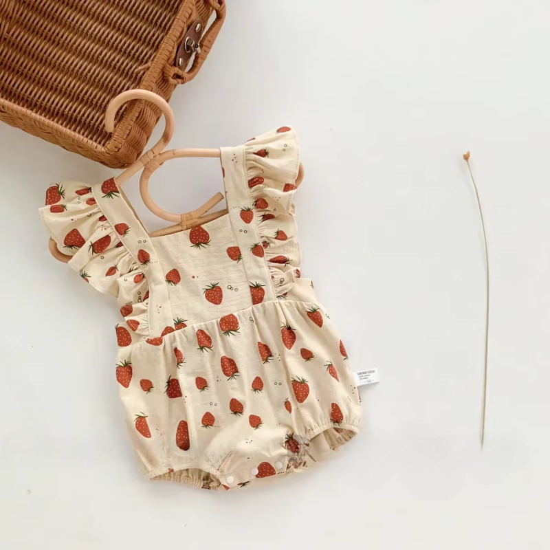 Berry Belle – Strawberry Print Ruffle Cotton Romper for Baby Girls